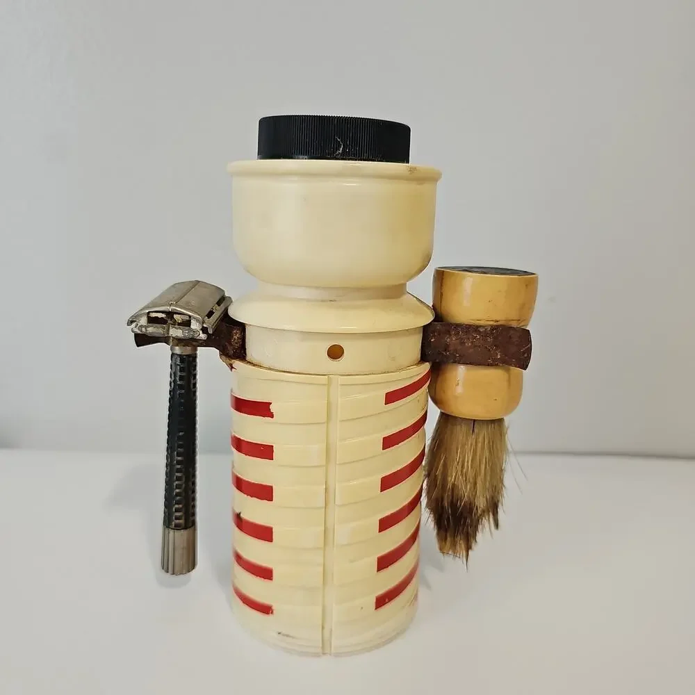 Vintage 1950s Dandy Dan MCM Shaving Caddy Barber Pole Razor Shaving Brush